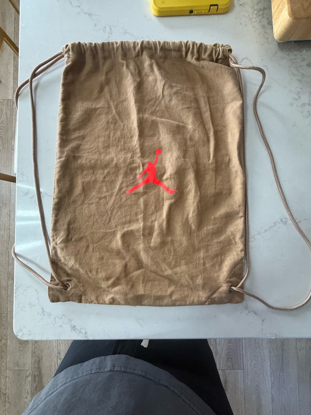 Jordan Tan Drawstring Backpack with Red Jumpman